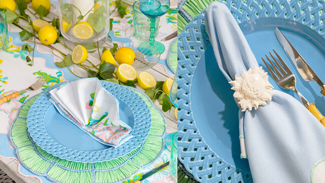 Tablescape set with blue and green table decor